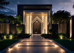 A house with a large front yard and a walkway lit up at night